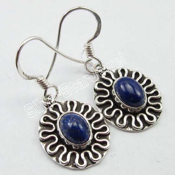 SilverStarJewel 925 Solid Silver Low Price Navy Blue Lapis Lazuli Dangling Earrings 1.2"