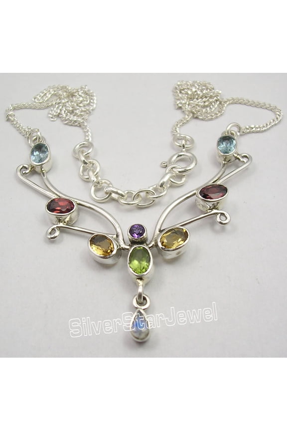 925 Solid Silver Multicolor Gemset Chain Necklace 17 3/4" Birthday Gift