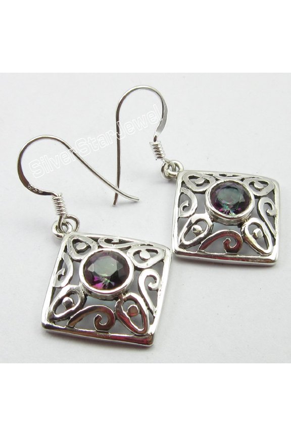 925 Solid Silver Mystic Topaz Deco Celtic Earrings 1.5" Semi Precious Gemstone