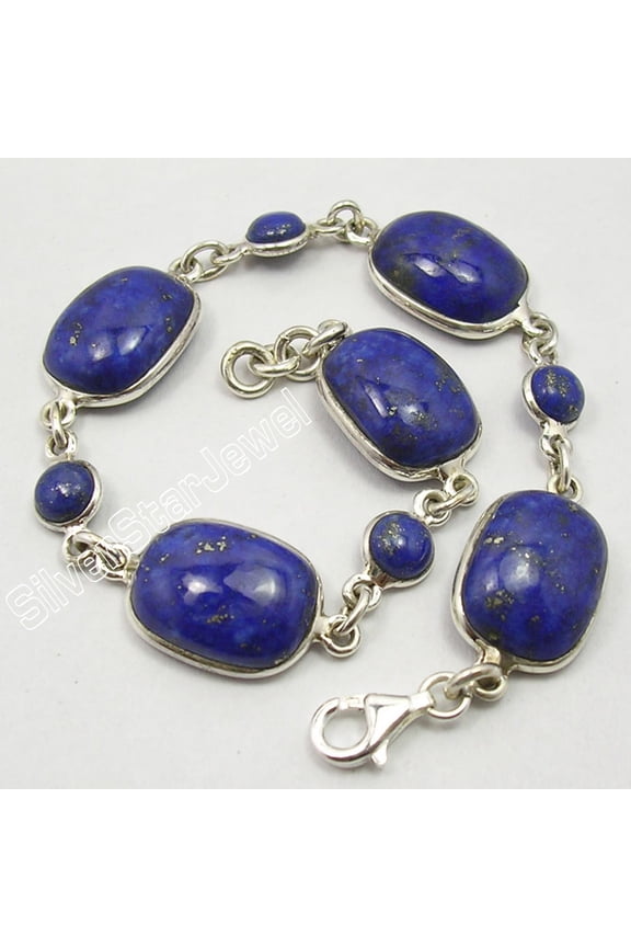 925 Solid Silver Natural Lapis Lazuli Stones Nouveau Art Heavy Bracelet 8.3"