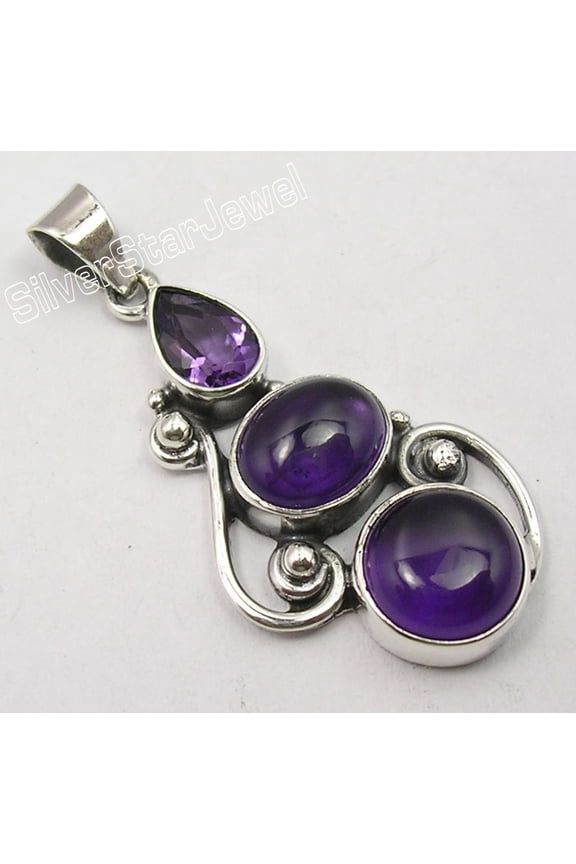 .925 Solid Silver Natural Purple Amethyst 3 Stone Large Pendant 1 5/8 Inches