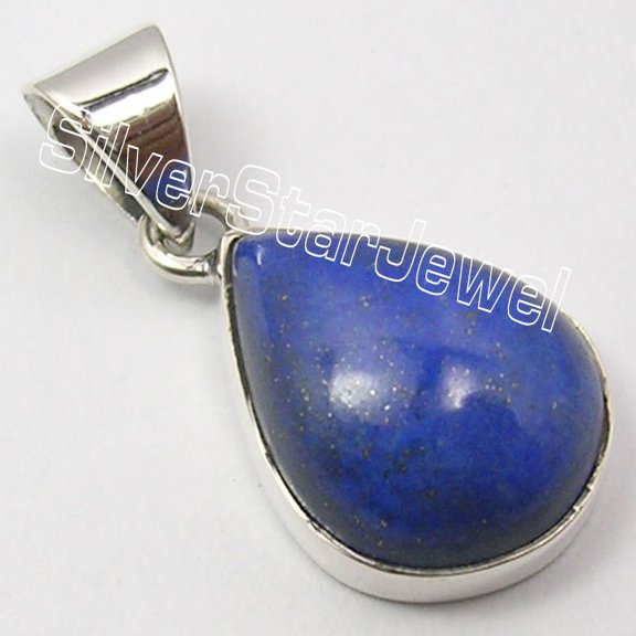 SilverStarJewel 925 Solid Silver Navy Blue Lapis Lazuli Gem Pendant 1" Indian Jewelry Store