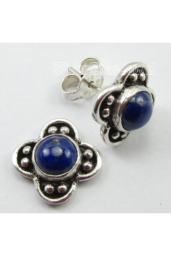 925 Solid Silver Navy Blue Lapis Lazuli Handmade Stud Earrings 0.6" 3.4 Grams
