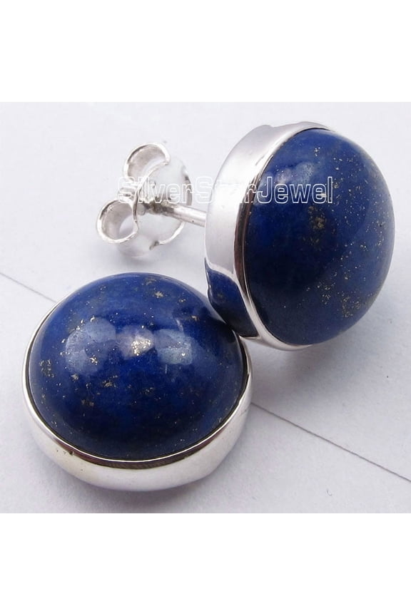 925 Solid Silver Navy Blue Lapis Lazuli Latest Style Studs Earrings 1.3 CM