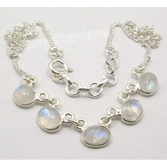 SilverStarJewel 925 Solid Silver Original Rainbow Moonstone Art Ladies' Necklace 16.8"