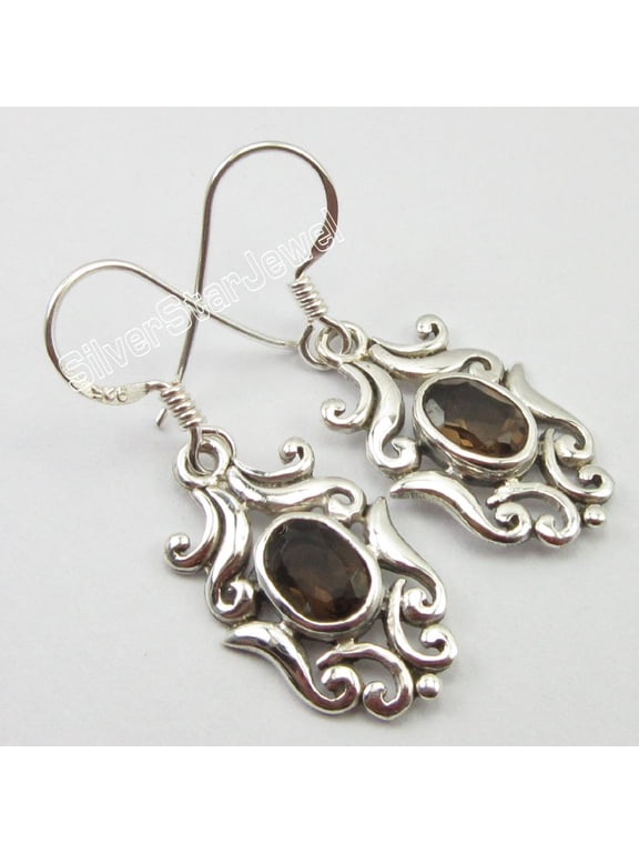 925 Solid Silver Oval Cut Brown Smoky Quartz Fashion Jewelry Earrings 1.4"
