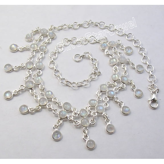 SilverStarJewel 925 Solid Silver Rainbow Moonstone Women's Handmade Choker Necklace 16.5"