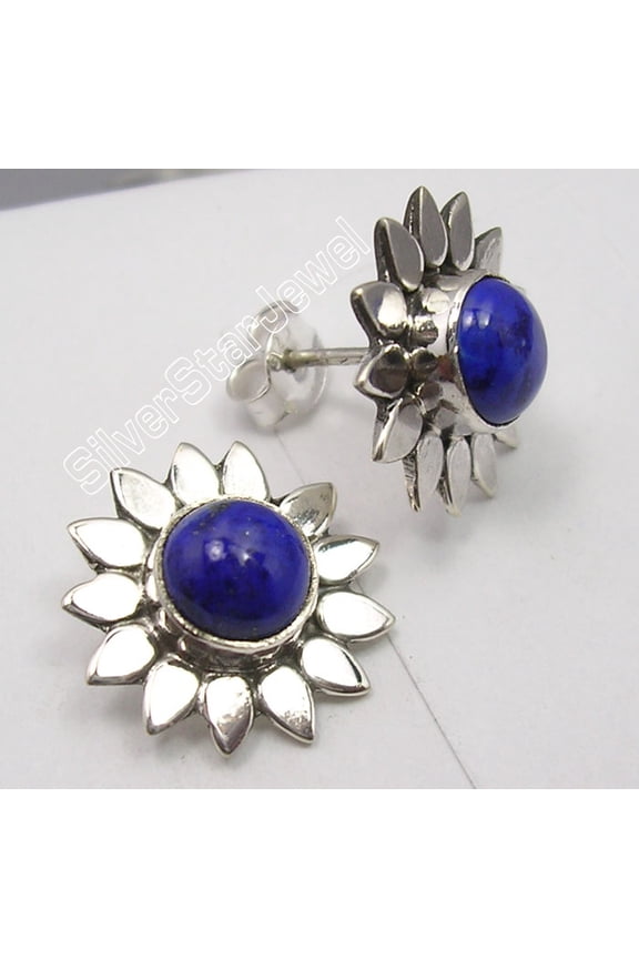 925 Solid Silver Rare Lapis Lazuli Flower Delicate Studs Posts Earrings 0.6"
