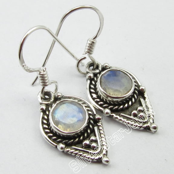 SilverStarJewel 925 Solid Silver Rare Rainbow Moonstone Tribal Earrings 3.3 CM Brand Design