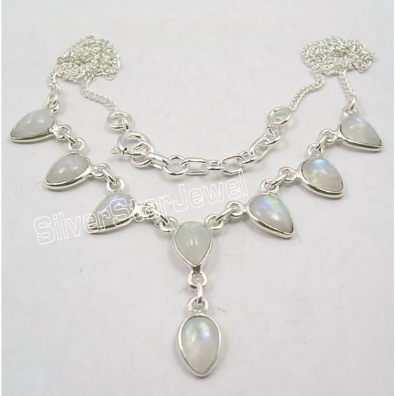 SilverStarJewel 925 Solid Silver Real Rainbow Moonstone Amazing Drops Necklace Women's Jewelry