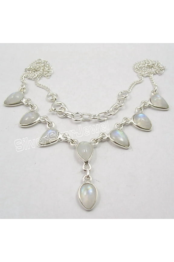 925 Solid Silver Real Rainbow Moonstone Amazing Drops Necklace Women's Jewelry