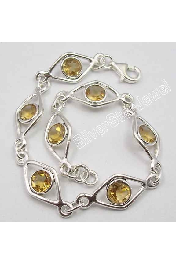 .925 Solid Silver Real Yellow Citrine Deco Bracelet 7.7" Adjustable