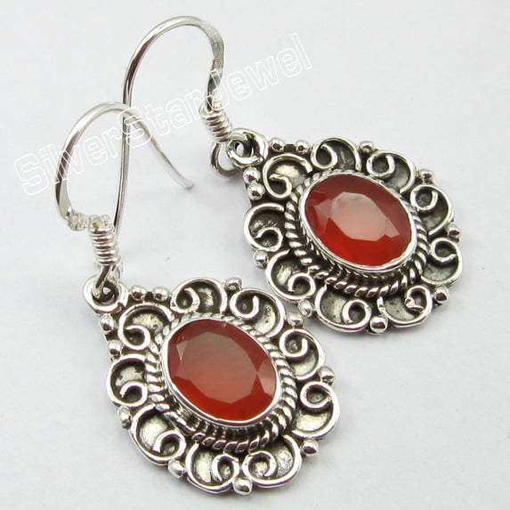 SilverStarJewel 925 Solid Silver Red Carnelina Earrings Fashion 1.3" Semi Precious Gemstone