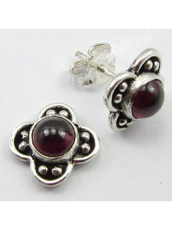 925 Solid Silver Red Garnet Handcrafted Post Earrings 0.6" Indian Jewellers