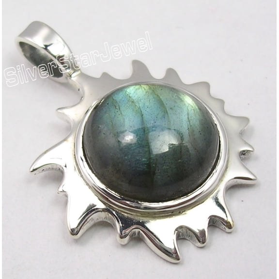 SilverStarJewel 925 Solid Silver Round Blue Fire Labradorite Designer Rising Sun Pendant 3.3 CM