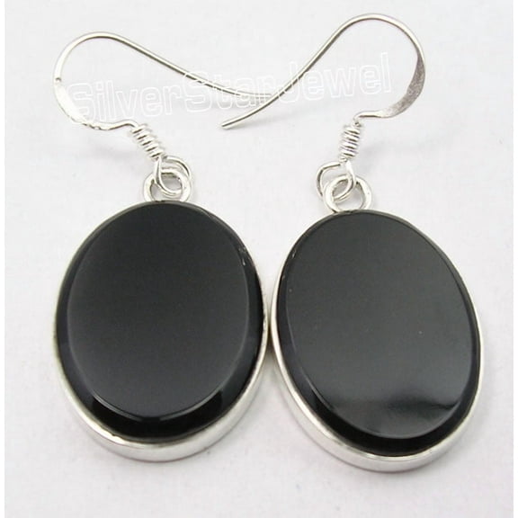 SilverStarJewel .925 Solid Silver Sparkling Black Onyx Flat Oval Stones Economic Earrings 4 CM