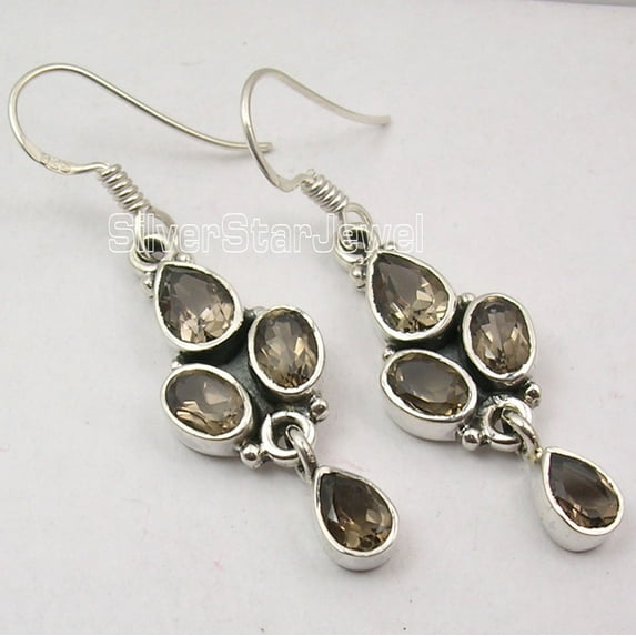 SilverStarJewel 925 Solid Silver Sparkling Smoky Quartz Facetted 4 Stone Earrings 4 CM Oxidized