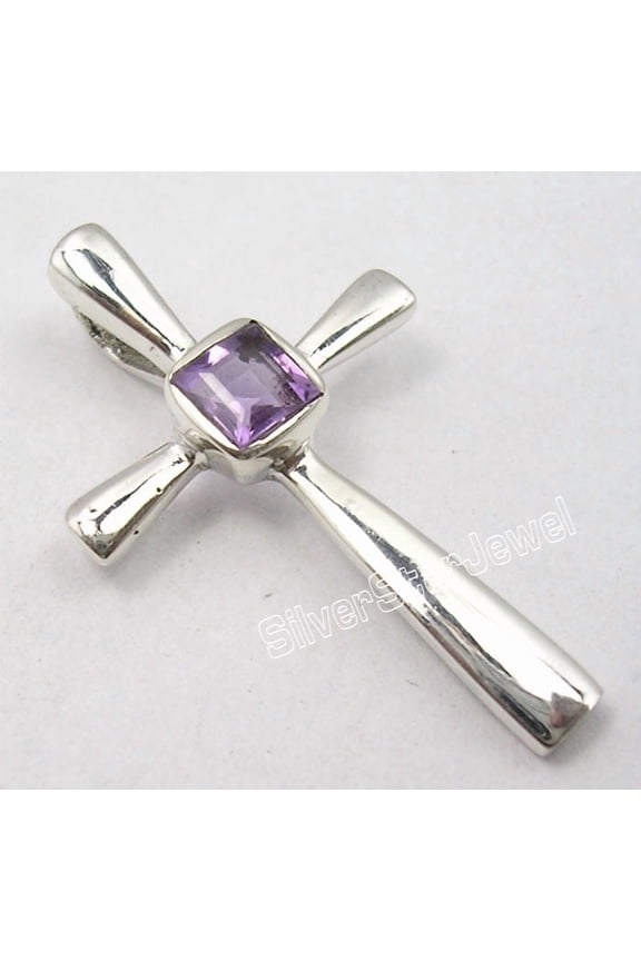 .925 Solid Silver Square Cut Amethyst Gem Inexpensive Cross Pendant 1.2" Bijoux