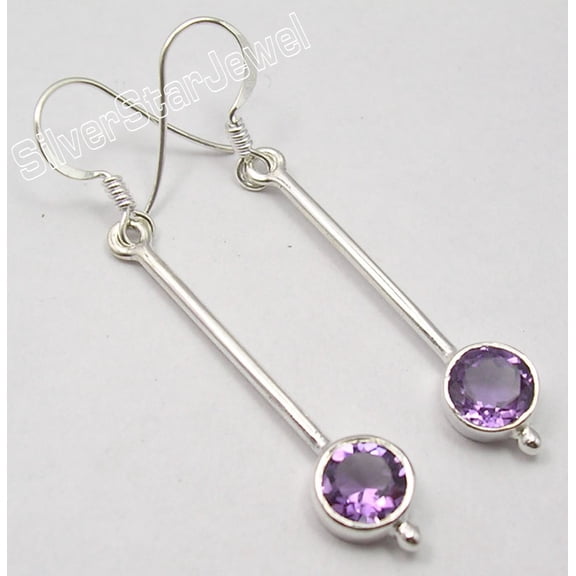 SilverStarJewel 925 Solid Silver Unseen Cut Amethyst Gemstone Long Earrings 2" Birthday Gift