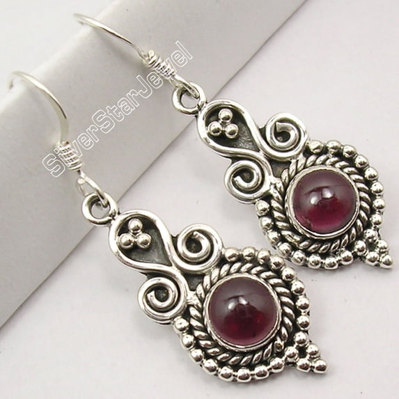 SilverStarJewel 925 Solid Silver Unseen Garnet Ethnic Lovely Earrings 1.7" Birthday Present