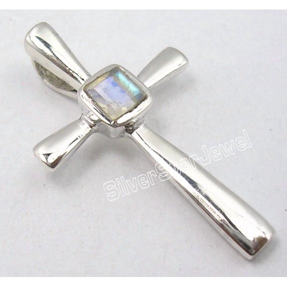 SilverStarJewel 925 Solid Silver Unseen Rainbow Moonstone Handmade Cross Pendant 3 CM 2.6 Grams