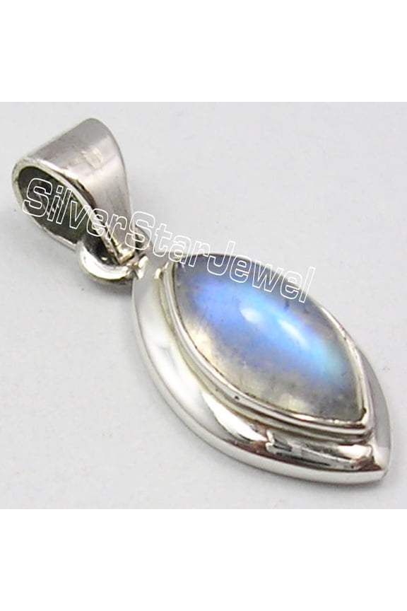 925 Solid Silver Unseen Rainbow Moonstone Marquise Retro Style Pendant 1 Inch