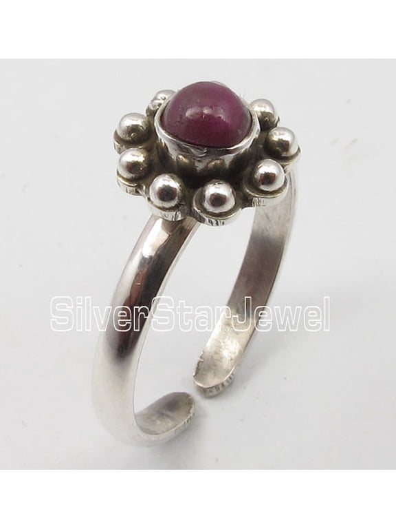 925 Stamped Pure Silver Cabochon Ruby Antique Style Adjustable Toe Ring Oxidized