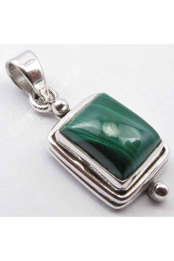 .925 Sterling Silver Beautiful Cabochon Malachite Designer Pendant 1.1" Gift