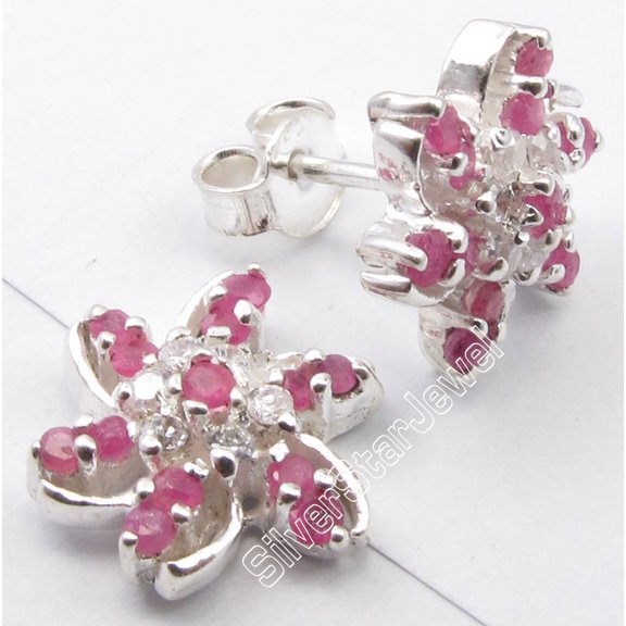 SilverStarJewel 925 Sterling Silver Beautiful Cut Ruby & Cubic Zirconia Stud Earrings 1/2"