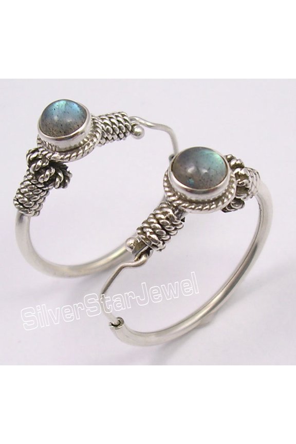 925 Sterling Silver Blue Fire Labradorite Tribal Hoop Earrings 1.2" Handmade