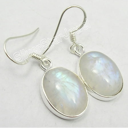 SilverStarJewel 925 Sterling Silver Blue Fire Rainbow Moonstone Big Dangle Earrings 1.3"