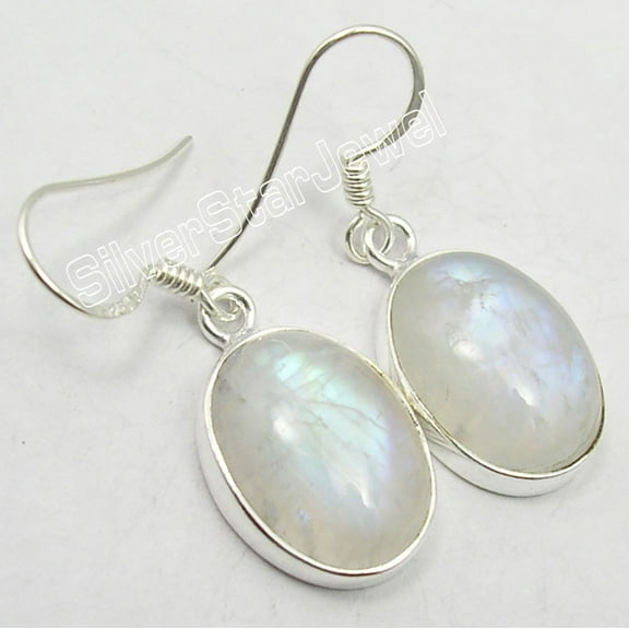SilverStarJewel 925 Sterling Silver Blue Fire Rainbow Moonstone Big Dangle Earrings 1.3"