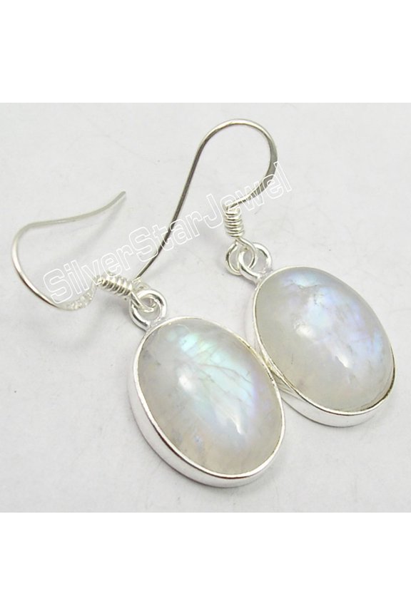 925 Sterling Silver Blue Fire Rainbow Moonstone Big Dangle Earrings 1.3"