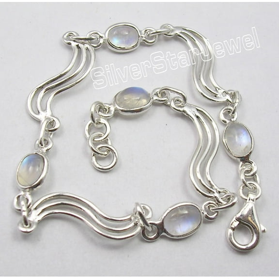 SilverStarJewel 925 Sterling Silver Blue Fire Rainbow Moonstone Designer Bracelet 8.3" Bijoux