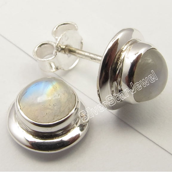 SilverStarJewel 925 Sterling Silver Blue Fire Rainbow Moonstone Pretty Studs Earrings 0.4"