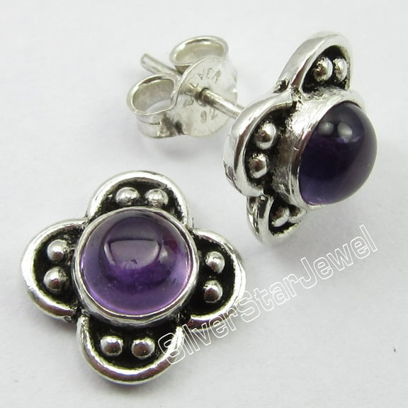 SilverStarJewel 925 Sterling Silver Cabochon Amethyst Old Style Stud-Post Earrings 1.0 CM