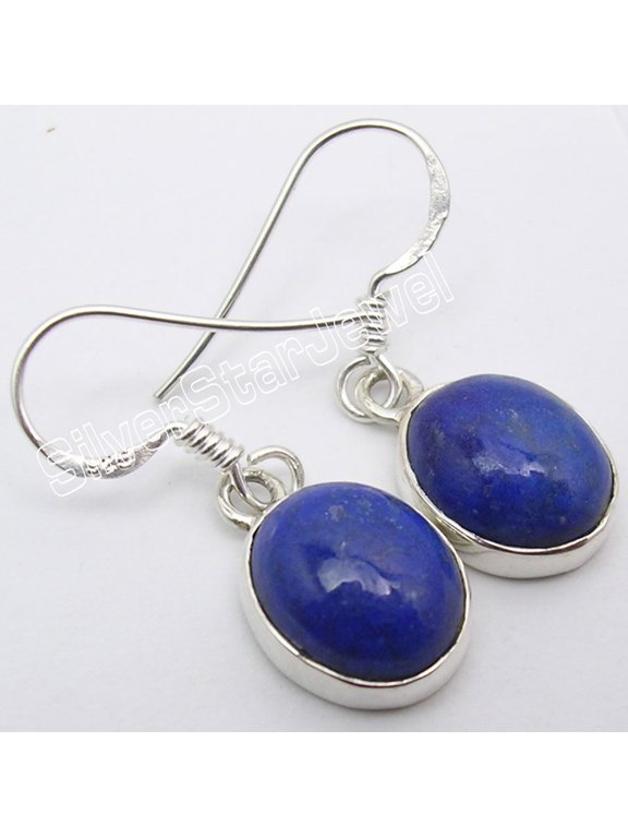 925 Sterling Silver Cabochon Navy Blue Lapis Lazuli French Wire Earrings 2.8 CM