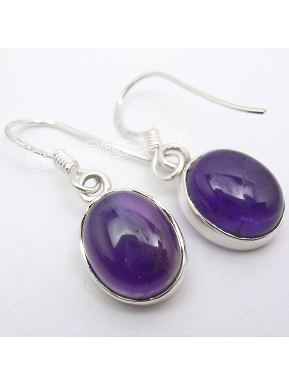 925 Sterling Silver Cabochon Purple Amethyst Handmade French Hook Earrings 2.8CM