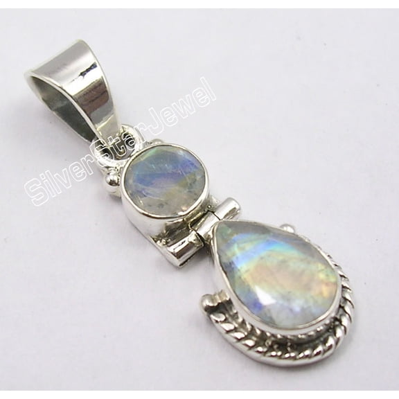 SilverStarJewel .925 Sterling Silver Classic Rainbow Moonstone 2 Gemset Bestseller Pendant 1.2"