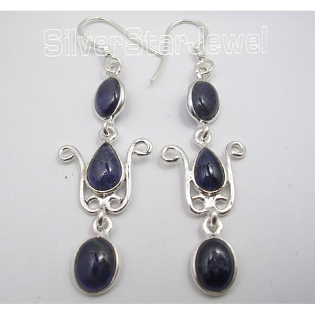 SilverStarJewel 925 Sterling Silver Collectible Iolite 3 Gemstone Long Dangling Earrings 2.2"