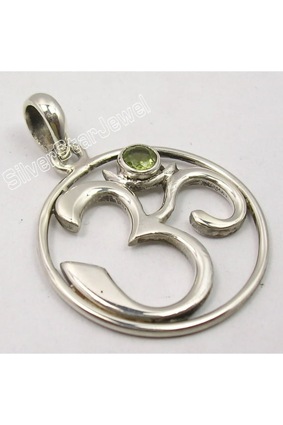 925 Sterling Silver Collectible Peridot Cut Gemstone Ohm Om Pendant 1.3 Inch