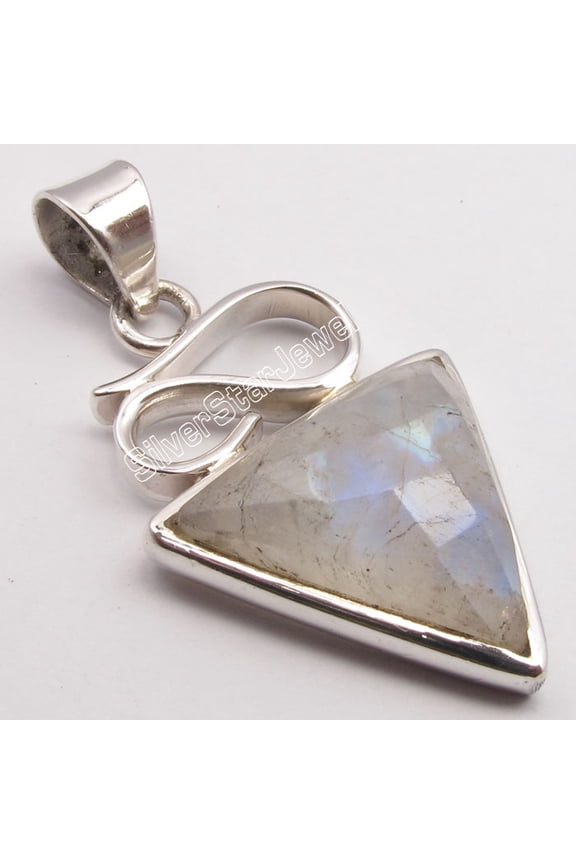 .925 Sterling Silver Cut Big Rainbow Moonstone Triangle Pendant 1.5" 5.2 Grams