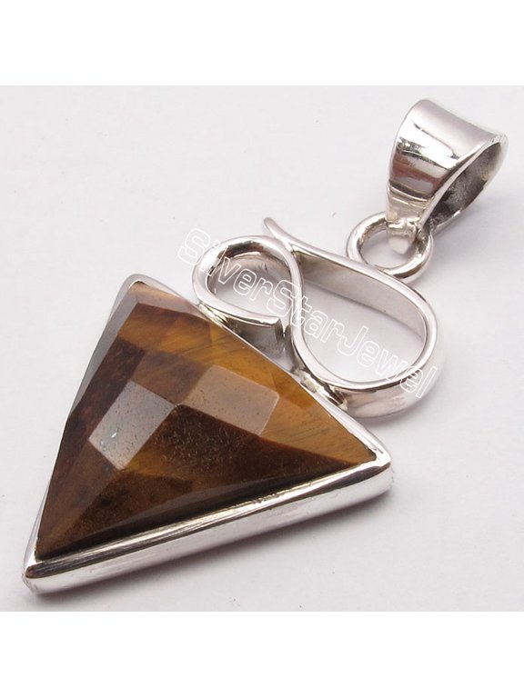 925 Sterling Silver Cut Brown Tiger's Eye Unusual Modern Triangle Pendant 1.5"