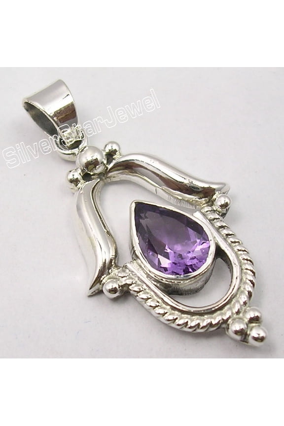 .925 Sterling Silver Cut Drop Purple Amethyst Stone Art Pendant 1.5" 4.1 Grams