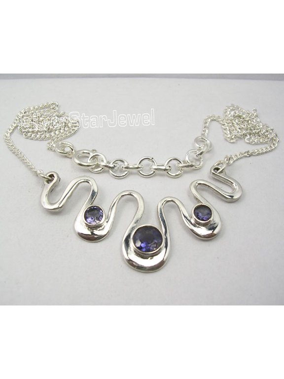 925 Sterling Silver Cut Iolite 3 Gemstones Stylish Curb Chain Necklace 17 1/8"