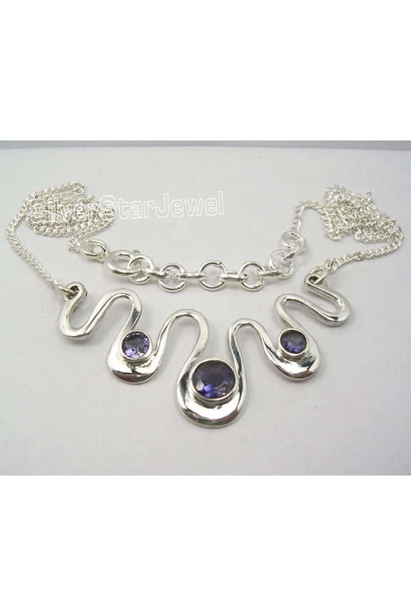 925 Sterling Silver Cut Iolite 3 Gemstones Stylish Curb Chain Necklace 17 1/8"