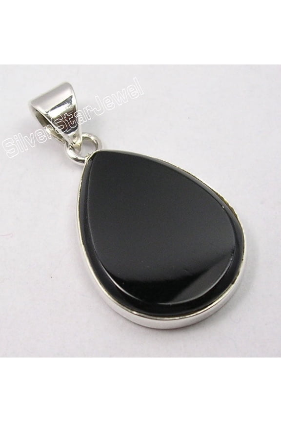 .925 Sterling Silver Drop Flat Black Onyx Gemstone Lovely Pendant 1.2"