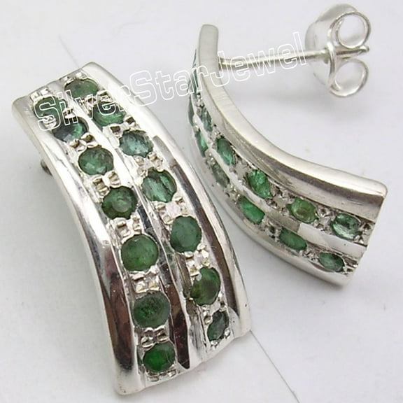 SilverStarJewel 925 Sterling Silver Emerald Multi Gemstone Beautiful Stud Post Earrings 0.9 Inch