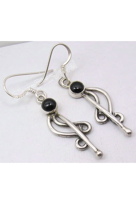 925 Sterling Silver Exclusive Black Onyx Unseen Oxidized Spiral Earrings 1.7"