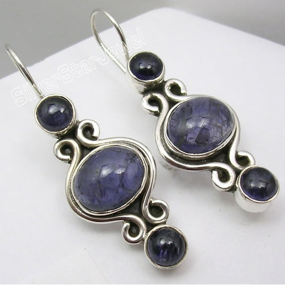 SilverStarJewel 925 Sterling Silver Exclusive Iolite 3 Stone Vintage Style Earrings 1.5"